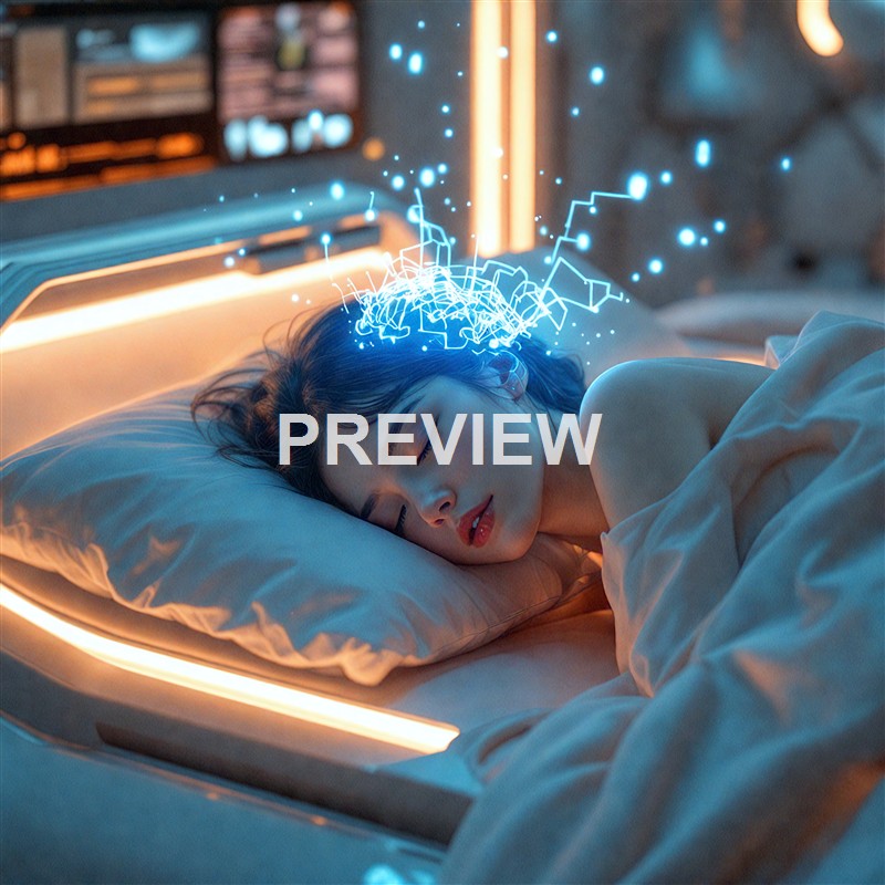 A woman is sleeping in a bed with a futuristic, sci-fi style head injury or brain activity visualization, with glowing blue digital lines and sparks above her head, in a high-tech, dimly lit room.